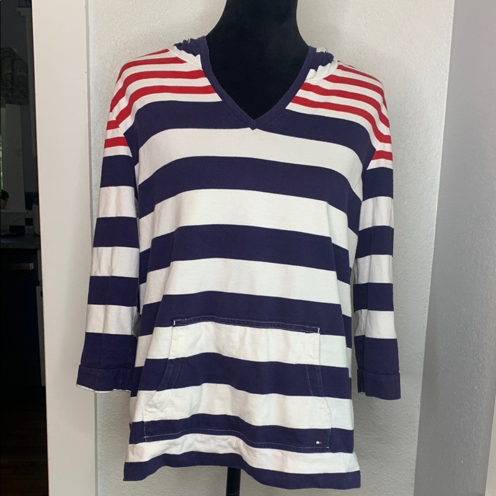 Tommy Hilfiger Nautical Striped Hooded Pullover Top XL beach vacation lake day